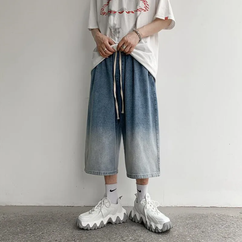 Spring Summer Gradient Jeans Men's Fashion Retro Wide-leg Pants Men Streetwear Korean Loose Hip-hop Straight Denim Shorts Mens