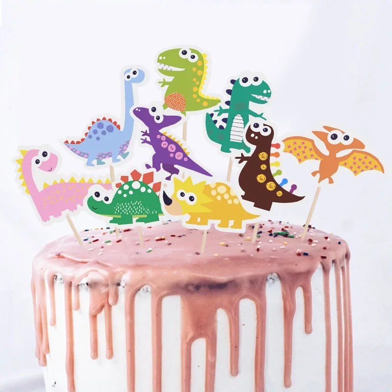 9pcs/set Dinosaur Theme Paperboard Cupcake Toppers with Sticks Happy Birthday Baby Shower Event Party Decorations Cake - купить по
