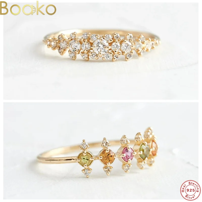 

BOAKO 2021 1PC Real 925 Sterling Silver Simple Flower CZ Gold Color Finger Rings For Women Wedding Engagement Fine Jewelry Gifts