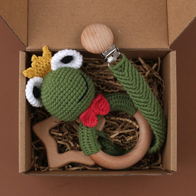 

3 Pcs/Set Baby Pacifier Chain Clip Crochet Frog Rattle Beech Teether Soother Molar Comfort Toys Wooden Teething Ring