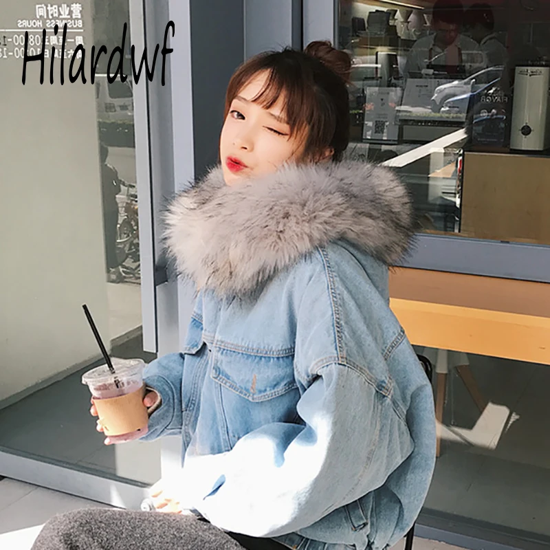 

Свободная зимняя теплая плюшевая утепленная джинсовая куртка Hilardwf из овечьей шерсти, женская джинсовая куртка с капюшоном, Женская хлопков...