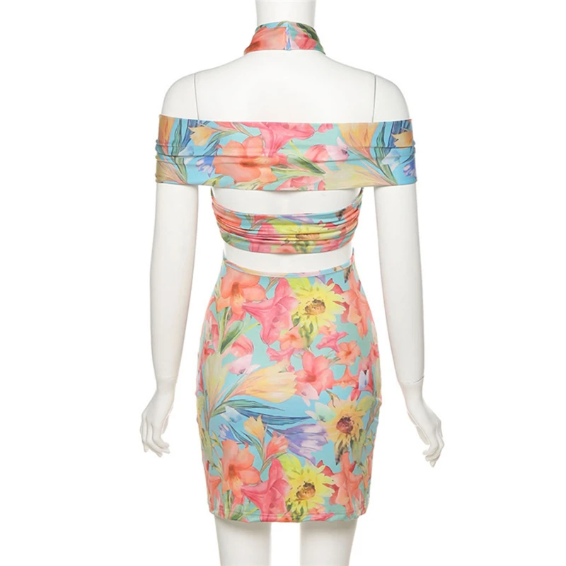 

Aesthetic Halter Mini Dress Women 2021 Sexy Out Of Shoulder Backless Skinny Bodycon Cross Bandage Vacation Partywear