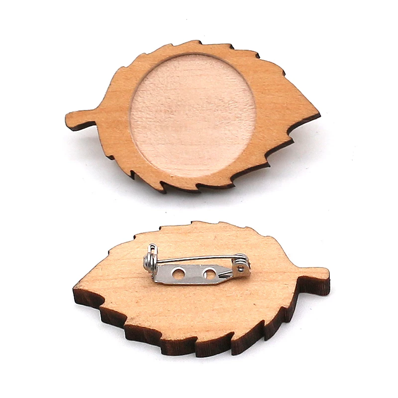 

10pcs/lot Wood Leaf Fit 25mm Round Brooch Base Cabochon Blanks Trays rooch Stainless Steel Pins Cameo Cabochon Base Setting