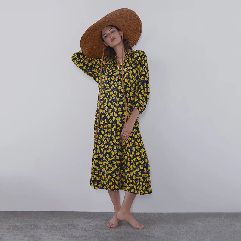 Женское платье с длинным рукавом ZA желтое свободное Повседневное V образным