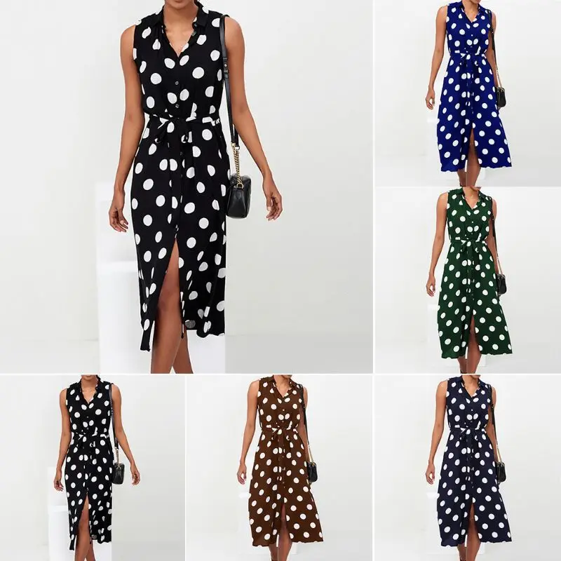 

Womens Sleeveless Chiffon Midi Blouse Dress Vintage Polka Dot Printed Lapel Button Down A-Line Belted High Waist Shirt Sundress
