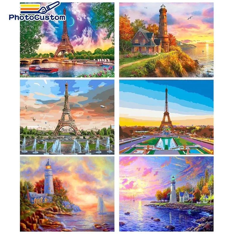 

PhotoCustom Acylic Frame Painting By Numbers Tower Kits Modern Wall Art Picture By Numbers Scenery Diy Gift Acrylic Canvas