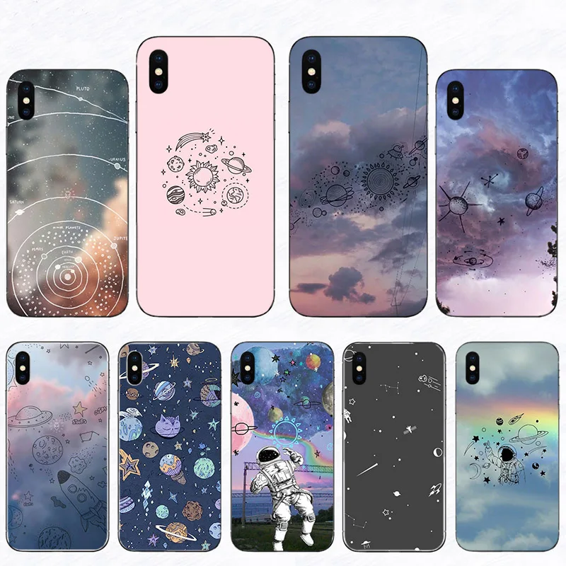

Cute planet spaceship hand drawn Phone Case For iPhone 12 11 Pro Max 12 Mini XR X XS Max 7 8 6S Plus Soft Black Back Cover Shell
