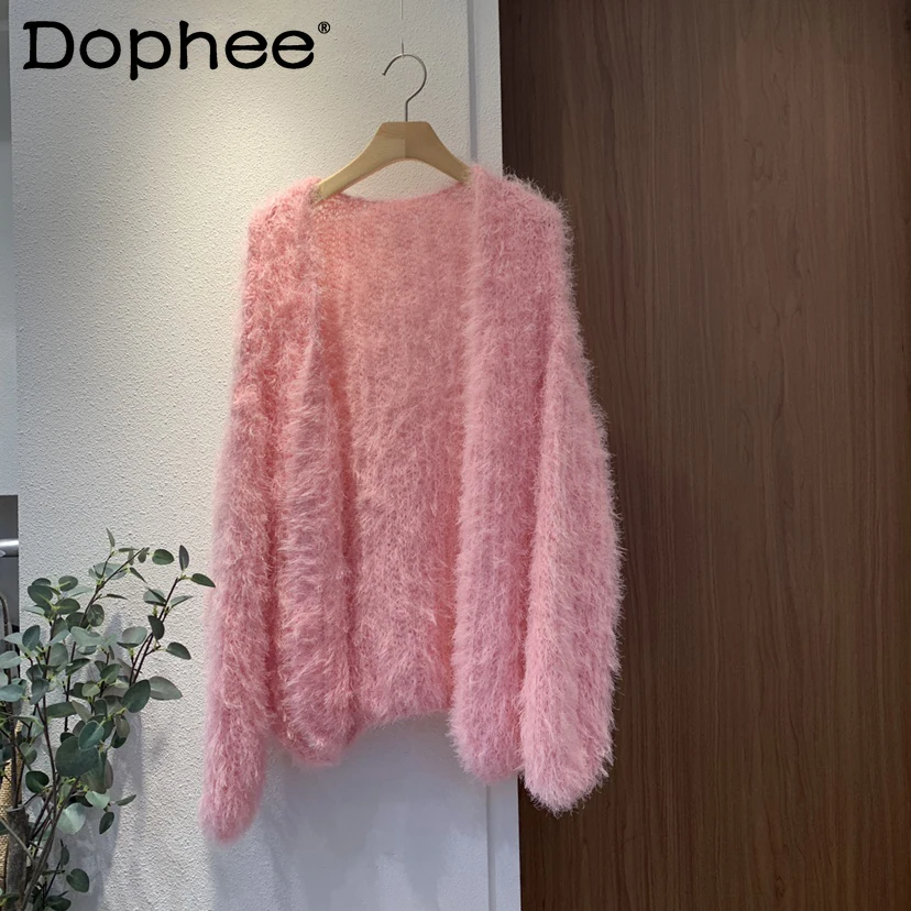 

Корейский модный Свободный вязаный плюшевый свитер для похудения, модель 2021 года, однотонный Кардиган с длинным рукавом, модный свитер, пал...