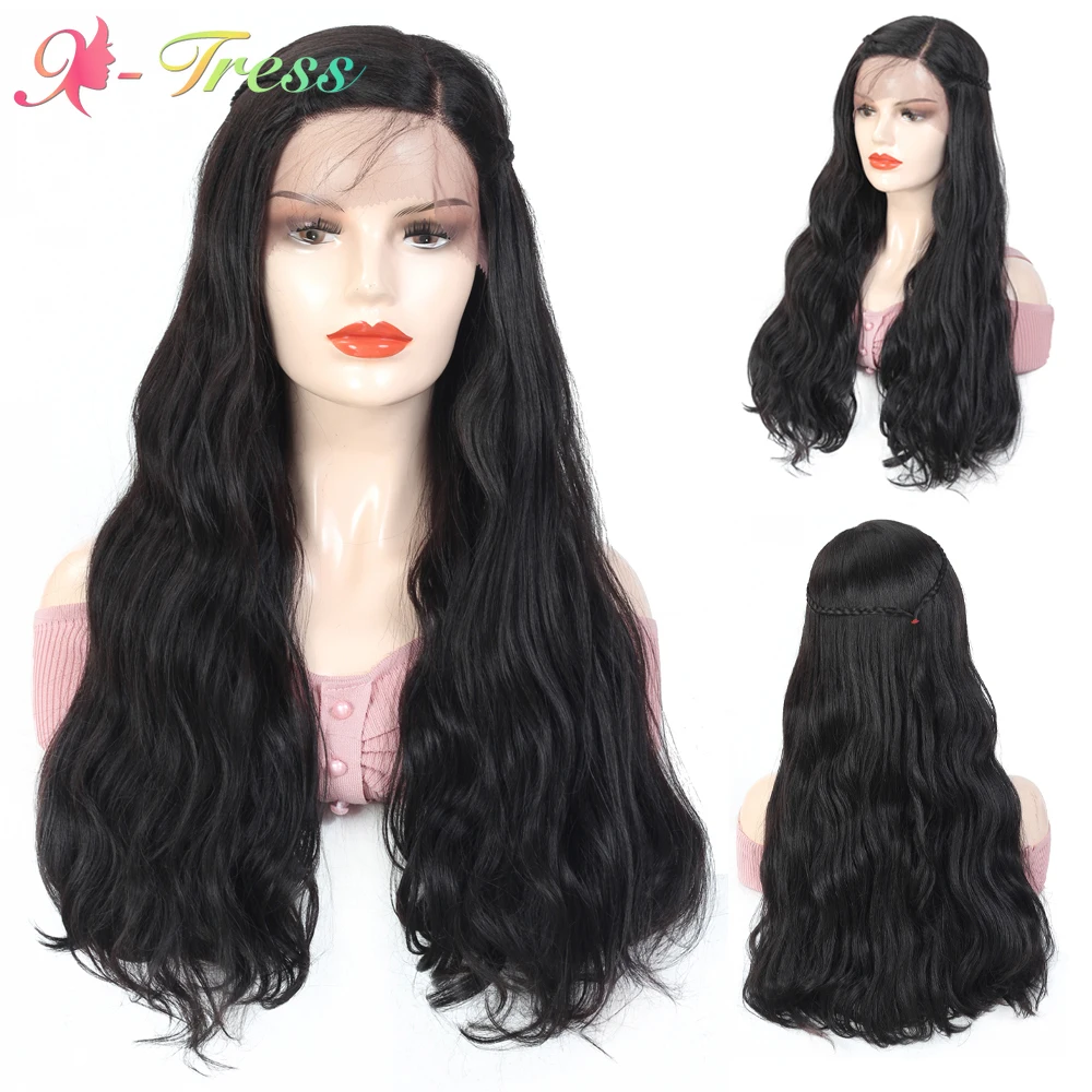 

X-TRESS Dark Brown Wave Wigs with Braid Synthetic Wig for Black/White Women Long Natural Wavy L Part Lace Wigs Heat Resistant