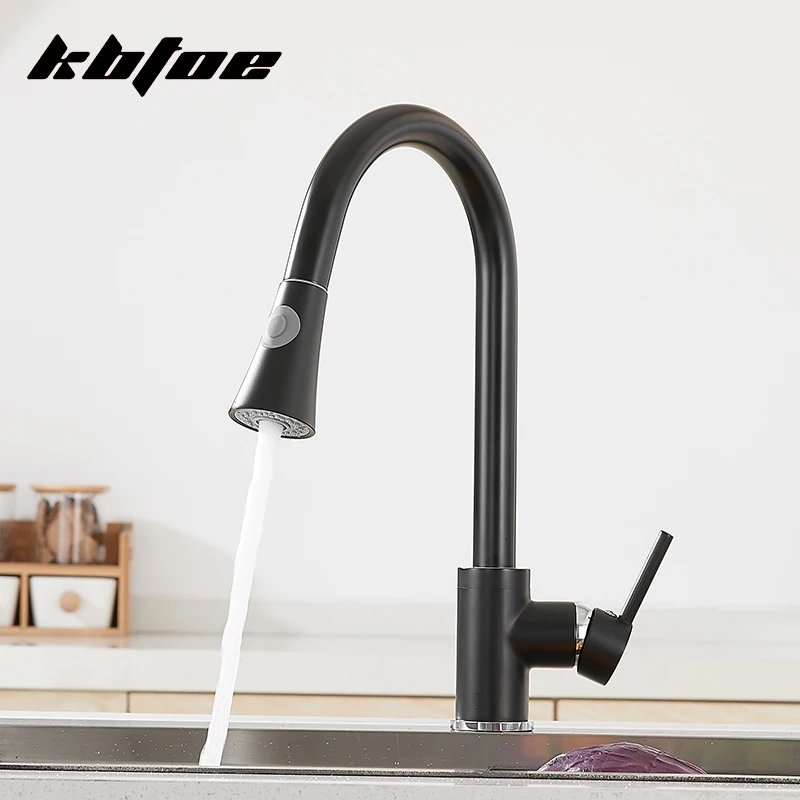 

Выдвижной кухонный кран, распылитель для потока, двухсторонний носик, латунь, черный, крепление на раковину, для горячей и холодной воды