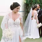 Платье Свадебное шифоновое ТРАПЕЦИЕВИДНОЕ, с длинными рукавами и разрезом сбоку, в богемном стиле, размера плюс