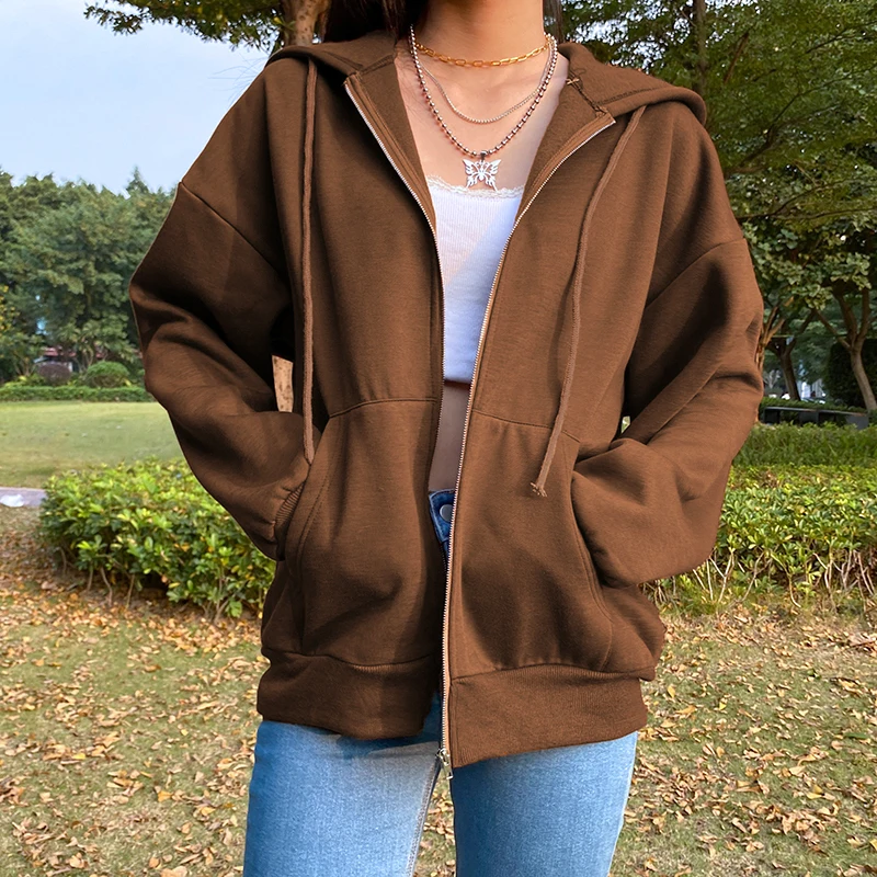

Brown Zip Up Hoodies Women Winter Sweatshirt Oversized Vintage Hoodie Female Pocket Long Sleeve Pullover Korean Y2K Thick Ropa