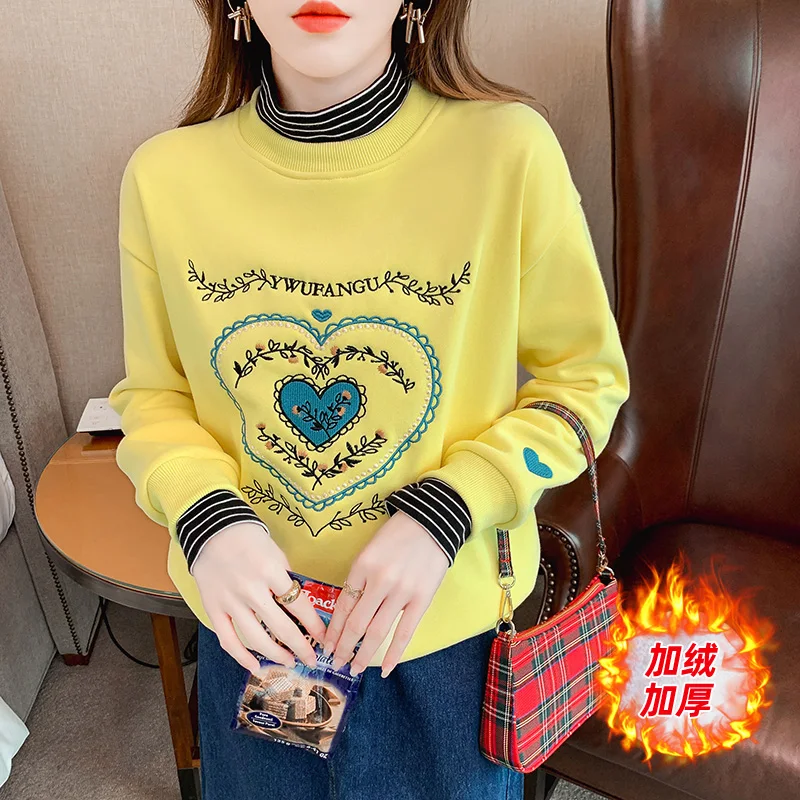 Winter Warm Heart Embroidery Velvet Sweatshirt Casual Fake Two Pice Stand Neck Loose Fleece Pullover Tops Baseball Uniform