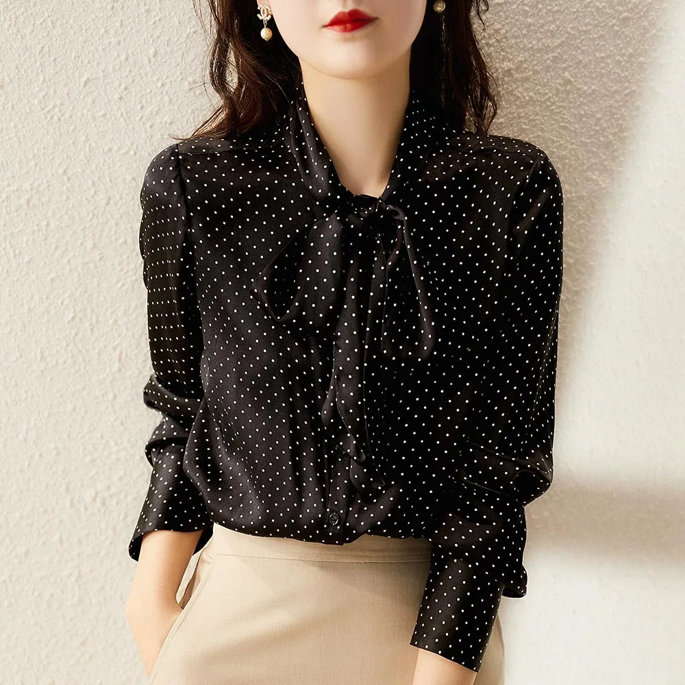 

Women Simple Polka Dots Blouse Korean Style Spring Long Sleeve Chiffon Blouse Chic Casual Shirt Office Lady Work Tops Bow Neck