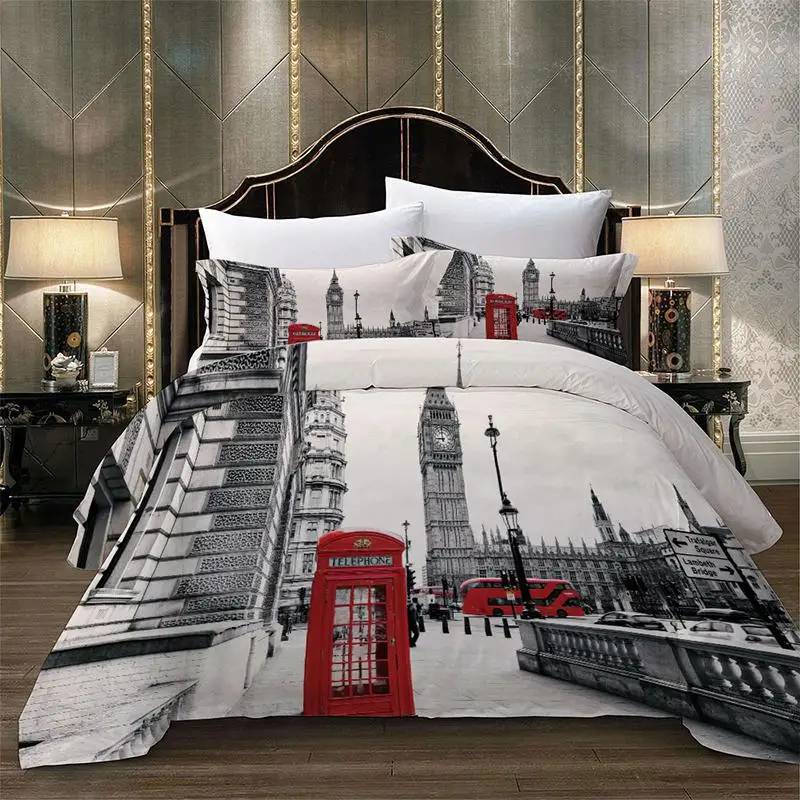 Paris Tower London City Scenery Big Ben Red Telephone Booth Bus Print Bedding Set Quilt Duvet Cover+Pillow Case US AU EU Size | Дом и сад