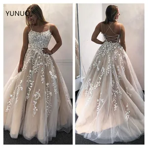 Потрясающие Выпускные платья YUNUO 2021, платье на двойных бретельках без рукавов, платье для торжества, юрское платье, кружевное платье для выпускного вечера, корсет с аппликацией на спине