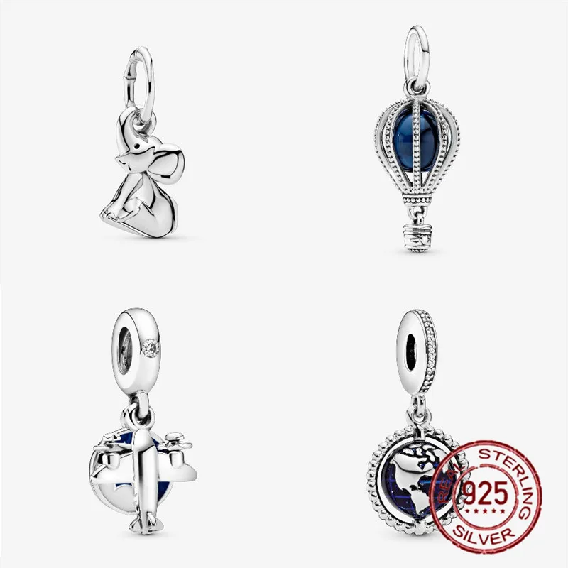 

Travel 925 Sterling Silver Bead Elephant Blue Hot Air Balloon Plane Globe Dangle Charm s925 Fit Pandora Bracelet Bangle Necklace