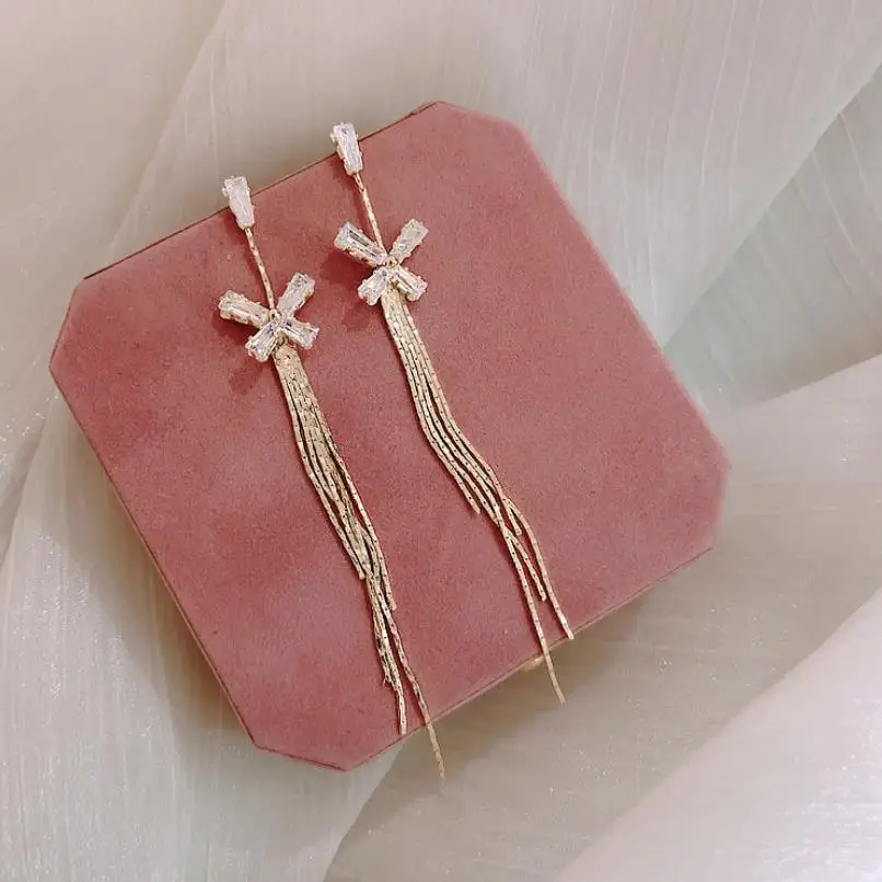 Элегантные женские длинные массивные серьги с подвесками кольца цирконом модные