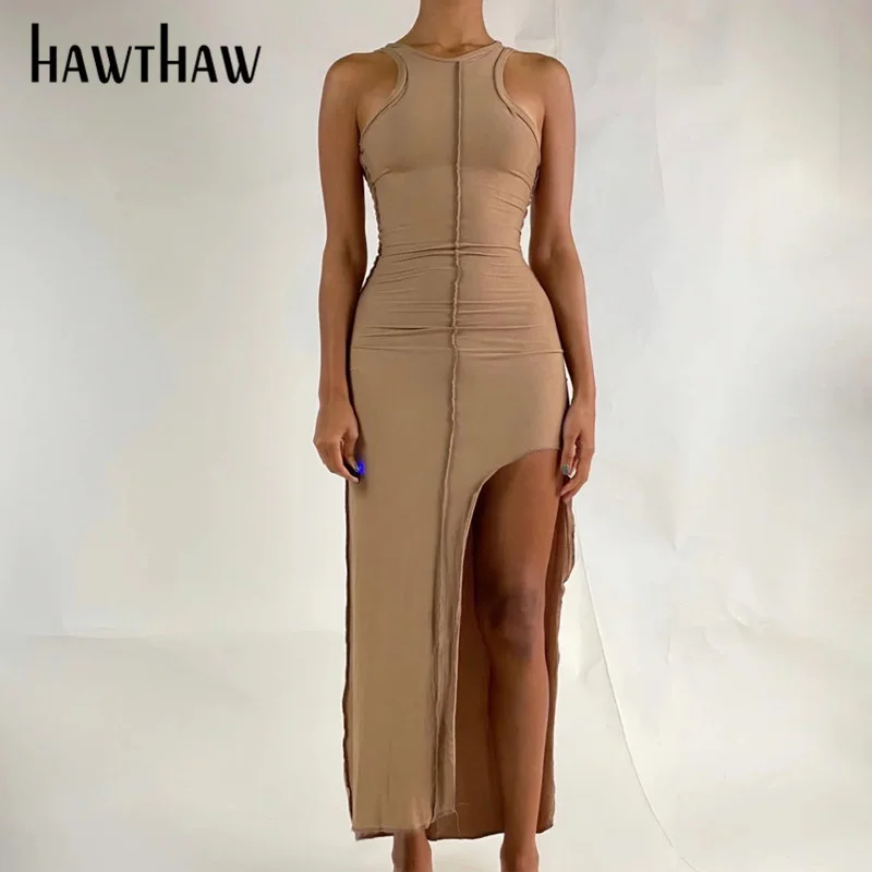 

Hawthaw Women Summer Patchwork Bodycon Solid Color Sleeveless Split Long Tank Dress 2021 Female Clothing Streetwear Wholesale