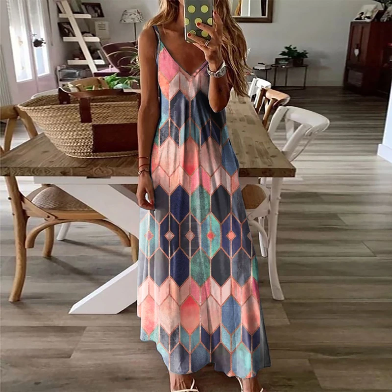 

New Women's Casual Summer Sundress Fashion Loose V-neck High Waist Camisole Dress Fashion Geometry Print Dress Plus Size