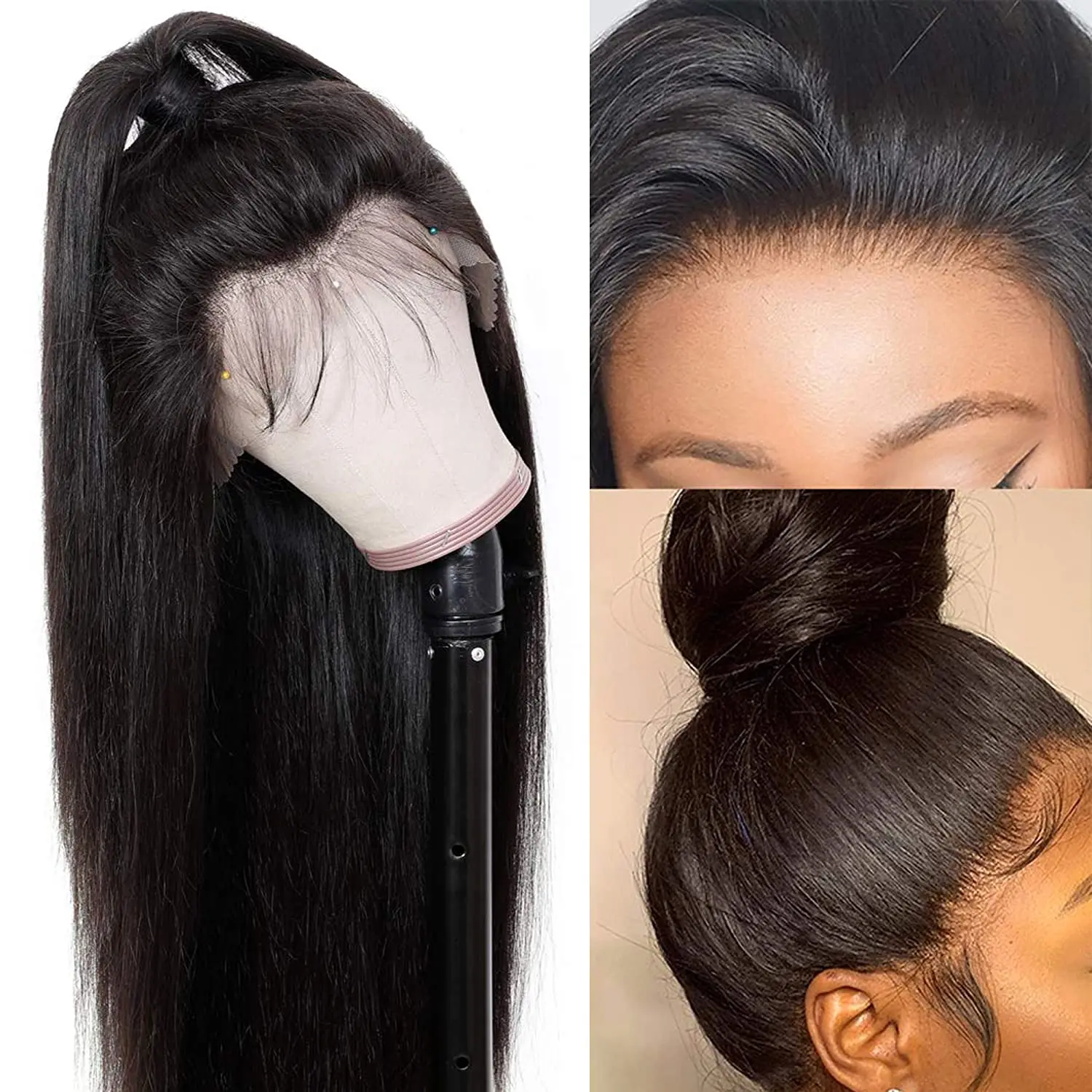 Натуральные шелковистые прямые угольно черный Синтетические волосы на кружеве