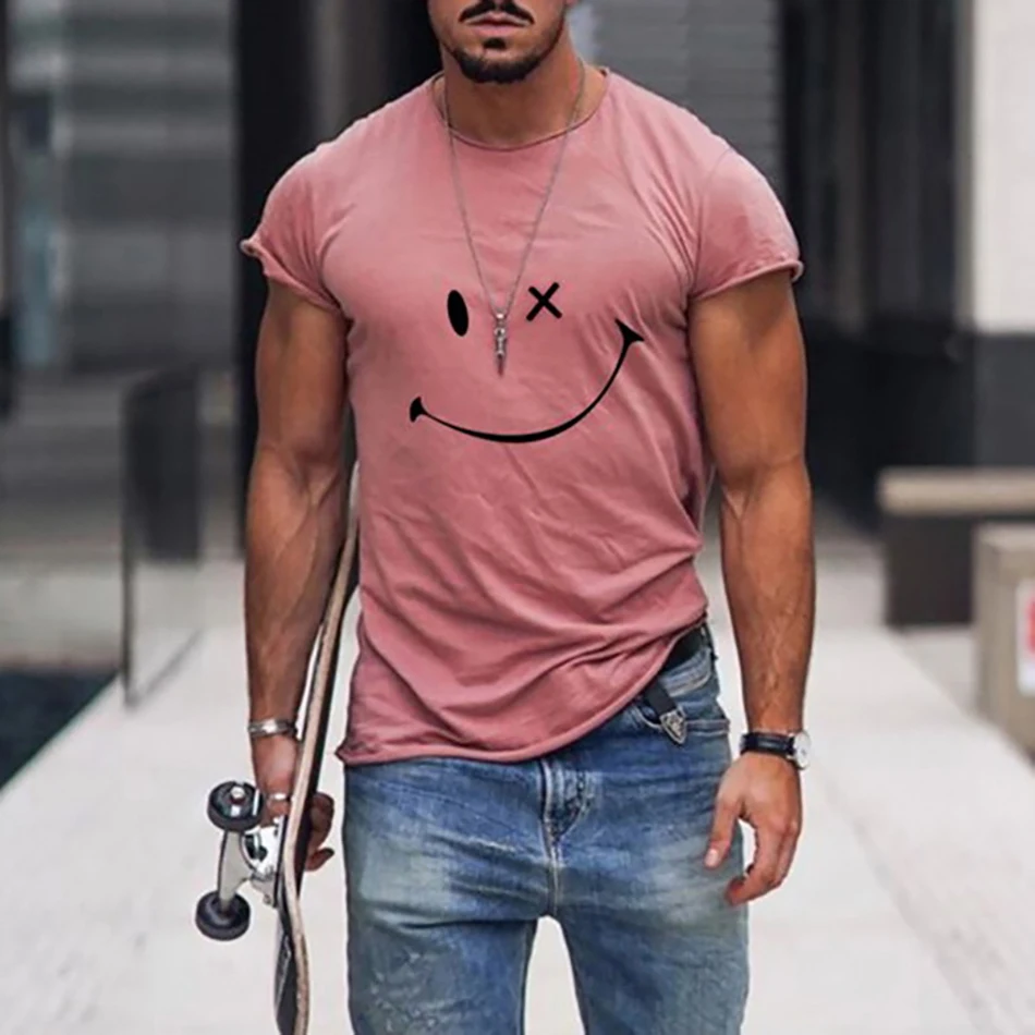 

2021 Summer Oversize T-Shirt For Men Fashion Smiley Face Print O-Neck Pullover Tops Short Sleeve Male Tee Streetwear