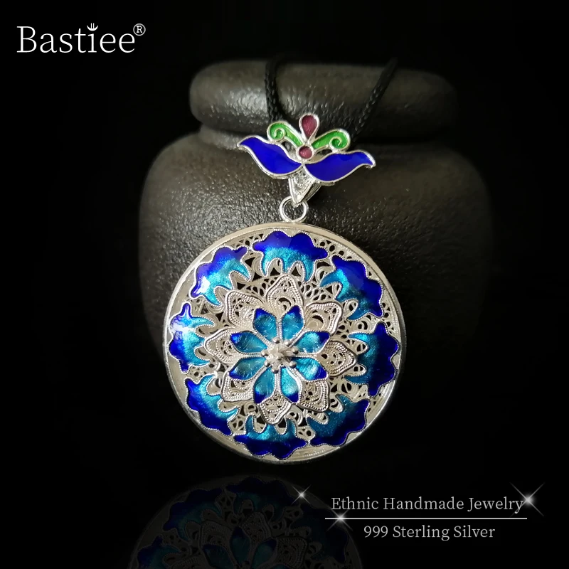 Bastiee Custom Necklace Pendant 999 Sterling Silver Cloisonne Enamel Jewelry Women Personalized Pendants Hmong Handmade