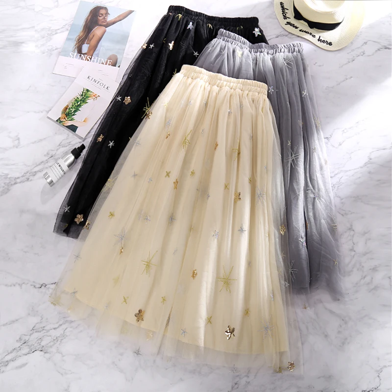 Плиссированная длинная сетчатая юбка с блестками и вышивкой звезд металлик