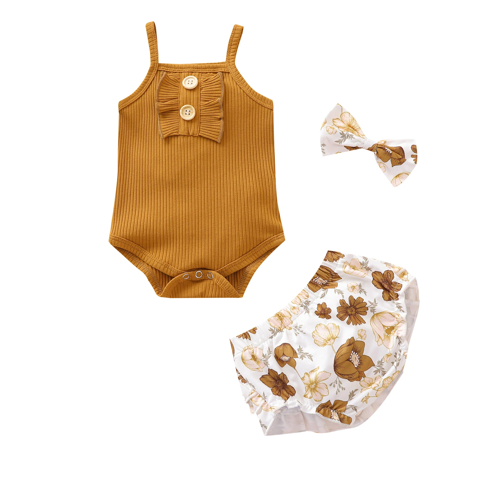 

На возраст от 0 до 24 месяцев для маленьких девочек одежда гофрированное, с пуговицами и рюшами без рукавов трикотажные RomperTop + Цветочный прин...