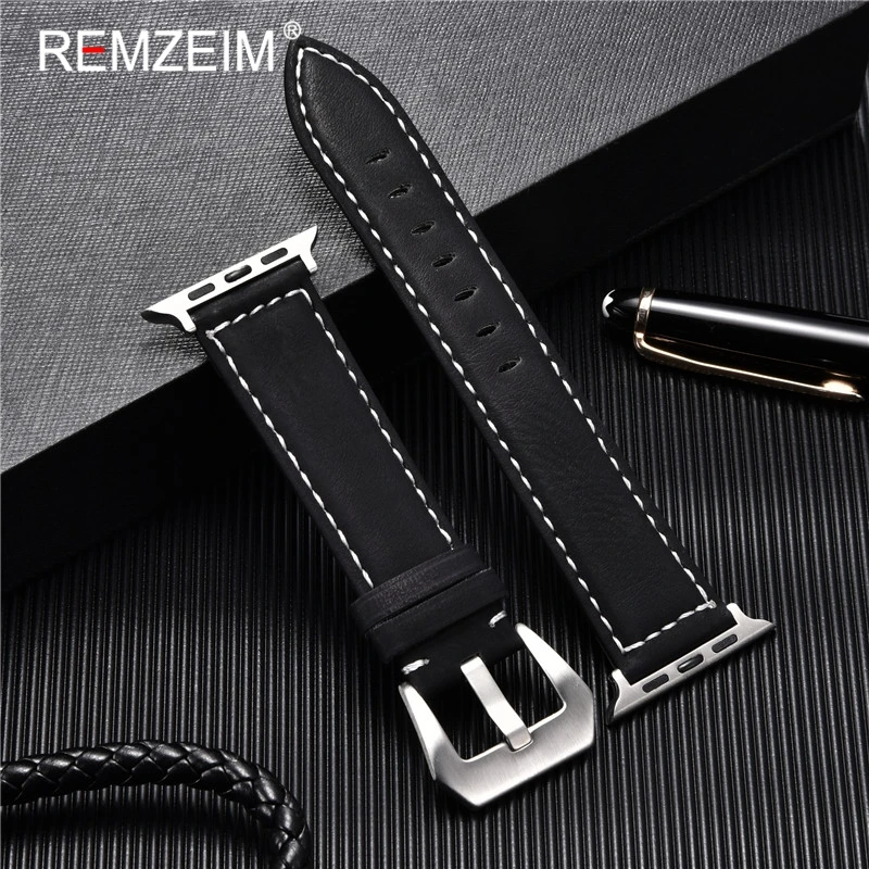 

REMZEIM Matte leather Band Strap For Apple Watch 4 3 2 1 38mm 40mm Men Women Leather Watch Band for iwatch 5 44mm 42mm Bracelet