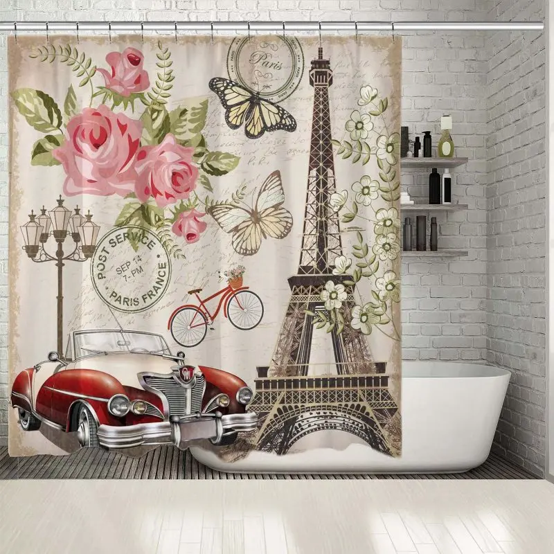 

Shower Curtain Paris Eiffel Tower Rose Flowers Bicycle Vintage Car Butterflies Postcard Style Romantic Red Pink Green Artwork