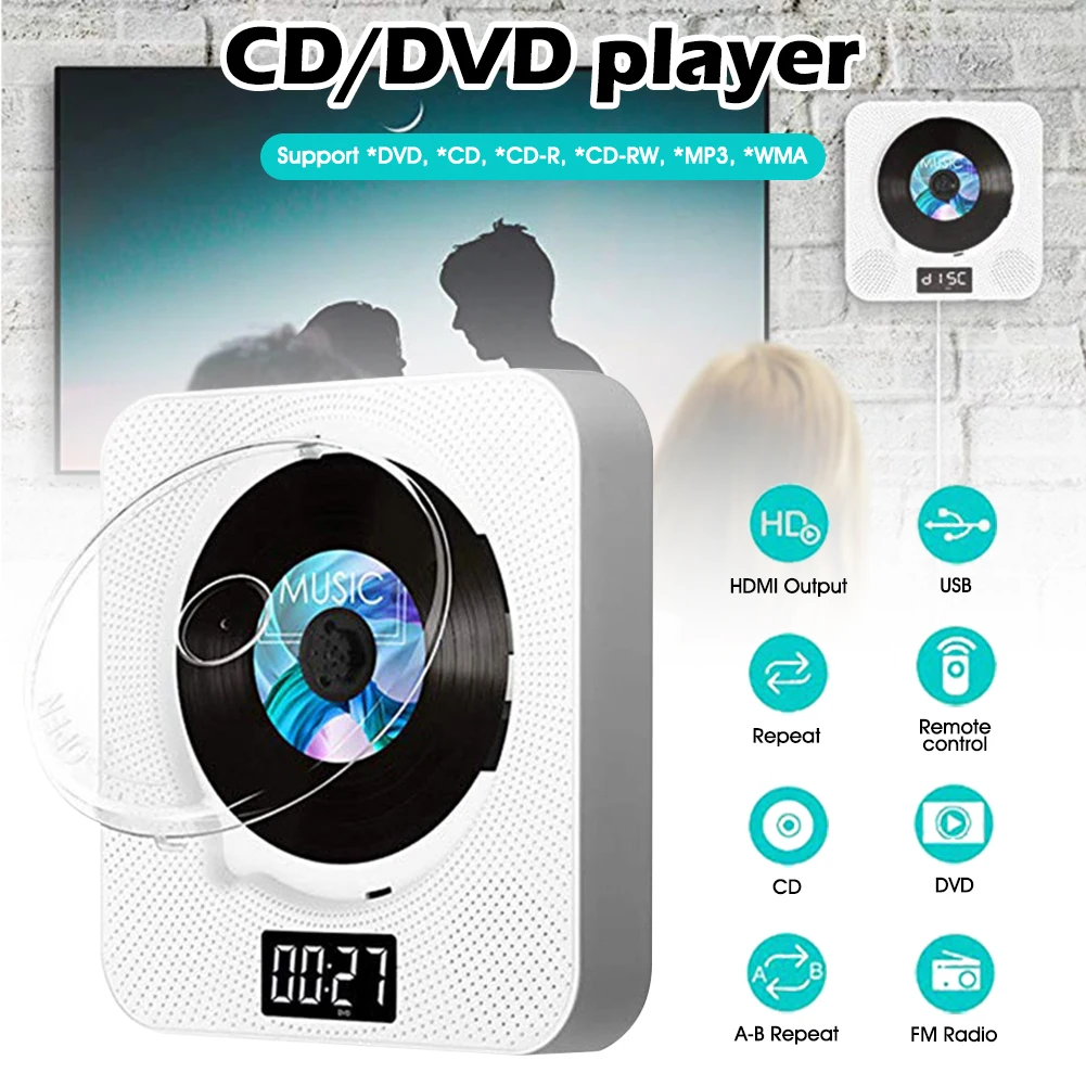 Настенный CD плеер с объемным звуком FM радио Bluetooth USB MP3 дисков портативный