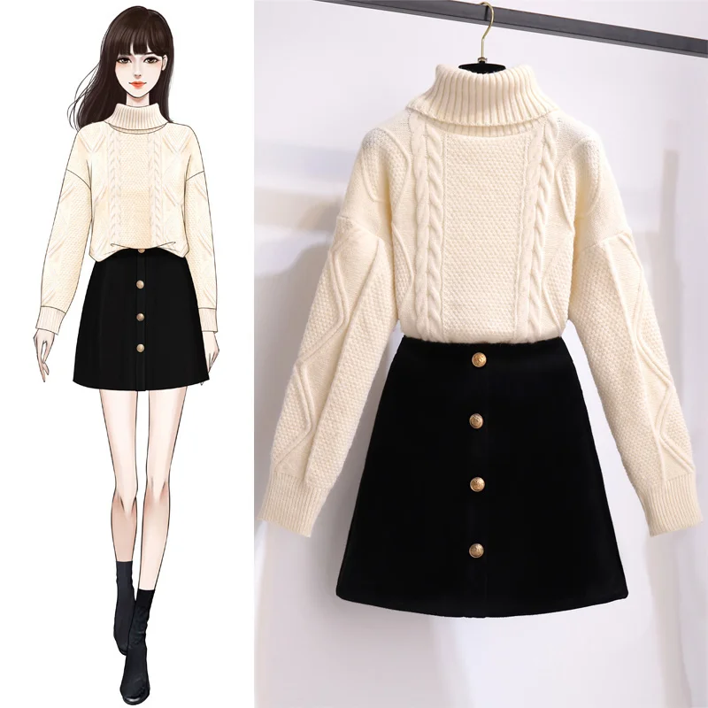 

Зимний новый утепленный свитер с высоким воротником и черной юбкой в Корейском стиле для ленивых женщин комплект из двух предметов