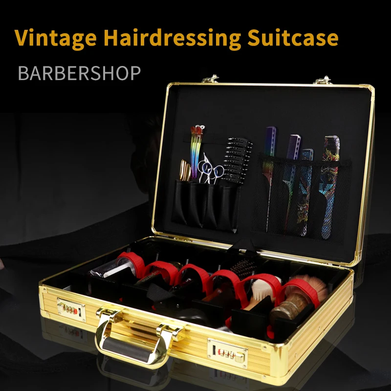 Gold/Silver High Quality Portable Aluminum Barber Tools Case Box Suitcase Salon Hairdressing Tool Box Large Password Gold Barber