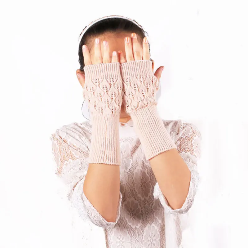 Осенне зимние женские Полые перчатки вязаные удлиненные рукавицы с полым листом