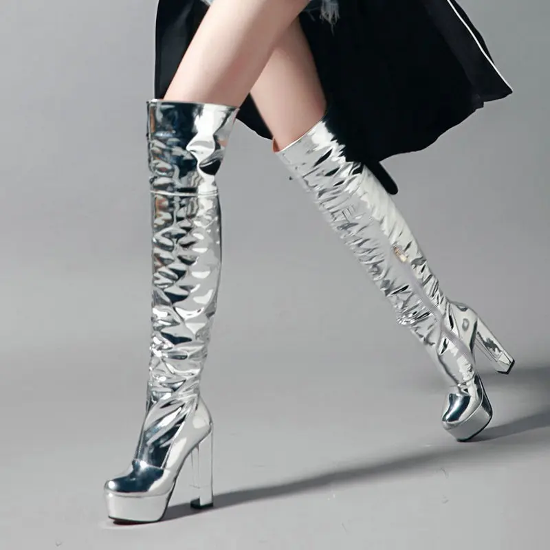 

Fashion Mirror Patent Leather Over The Knee Boots Autumn Women Boots Sqaure High Heel Long Boots Zipper Winter Boots Female