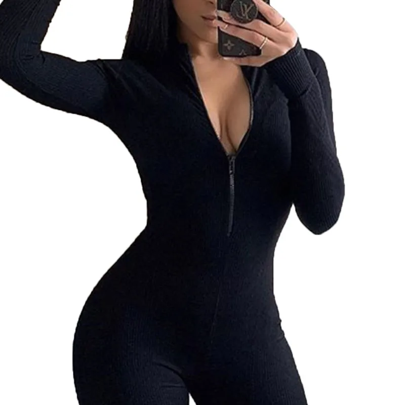 

Spring Autumn Women's Long Sleeve Knitted Slim Solid Color Jumpsuit Fashion Sexy Zipper Tight Jumpsuit