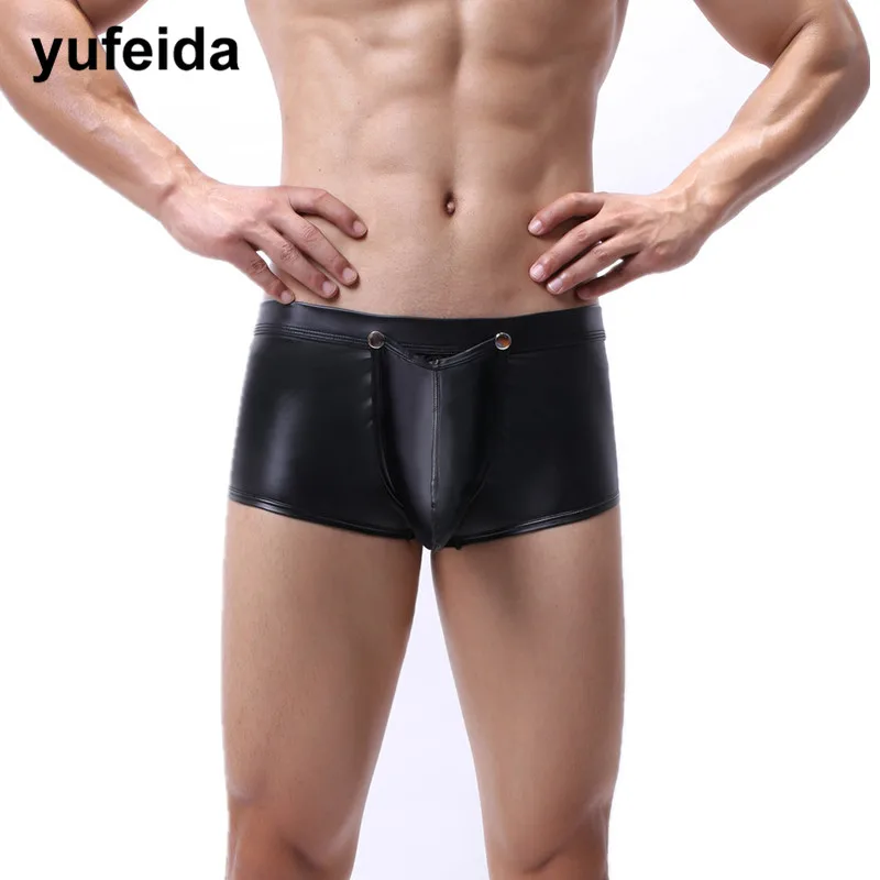 

PU Leather Mens Underwear Boxers Trunks Sexy Men Underwear Gay Bulge Pouch Sissy Panties Underpants Dance Clubwear Boxer Shorts