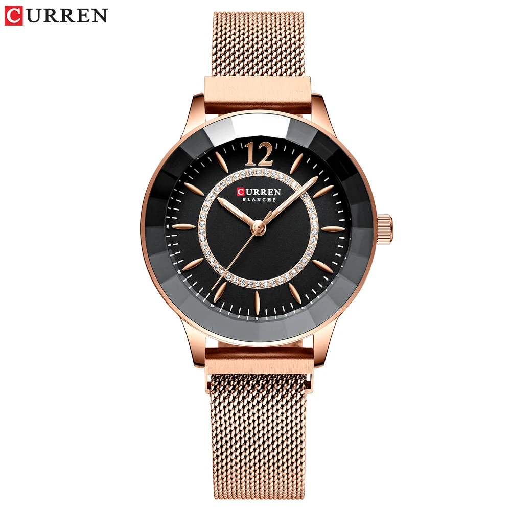 rose black CURREN роскошный бренд Relogios Feminino кварцевые часы женские часы со стразами циферблат с ремешком из нержавеющей стали классные женские часы - Цвет: rose black