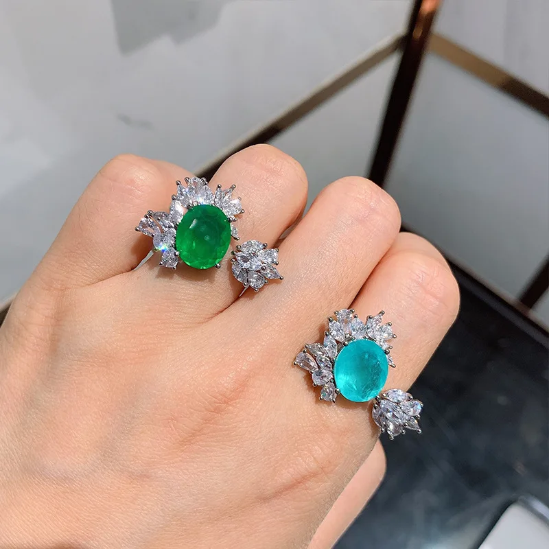 

Unique Paraiba Tourmaline Emerald Gemstone Open Ring Women Luxury 925 Sterling Silver Cocktail Party Band Jewelry Friends Gift