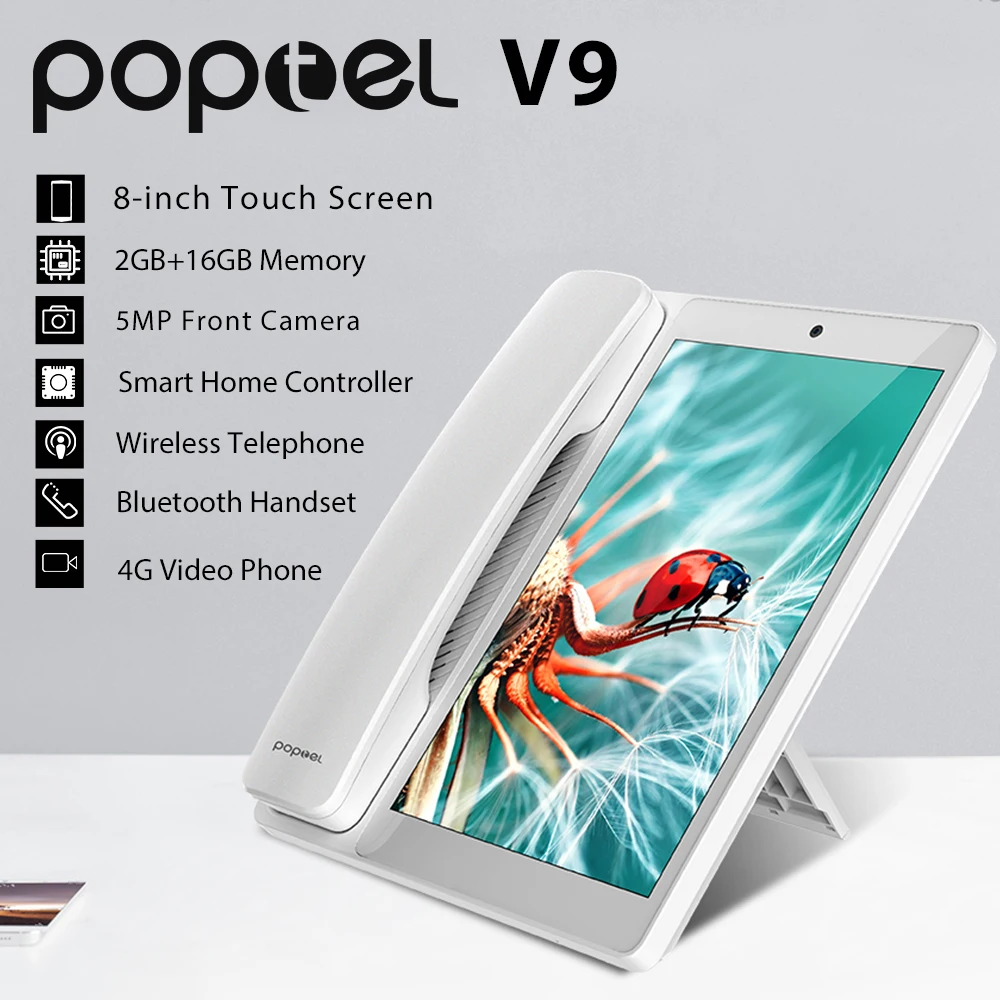 Poptel V9 видеофон 8 дюймов 2 г/16 г bluetooth трубка для дома и офиса IOT устройства планшет телефон note Таблица Поддержка Google play