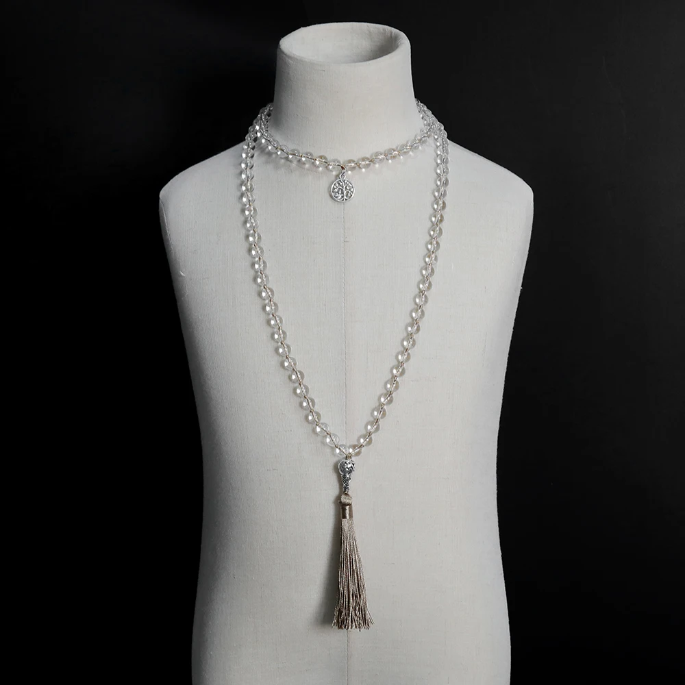 

Fashion Japamala Knotted Necklace 108 Mala White Crystal Bead Meditation Yoga with Tree of Life Pendant Tassel Jewelry