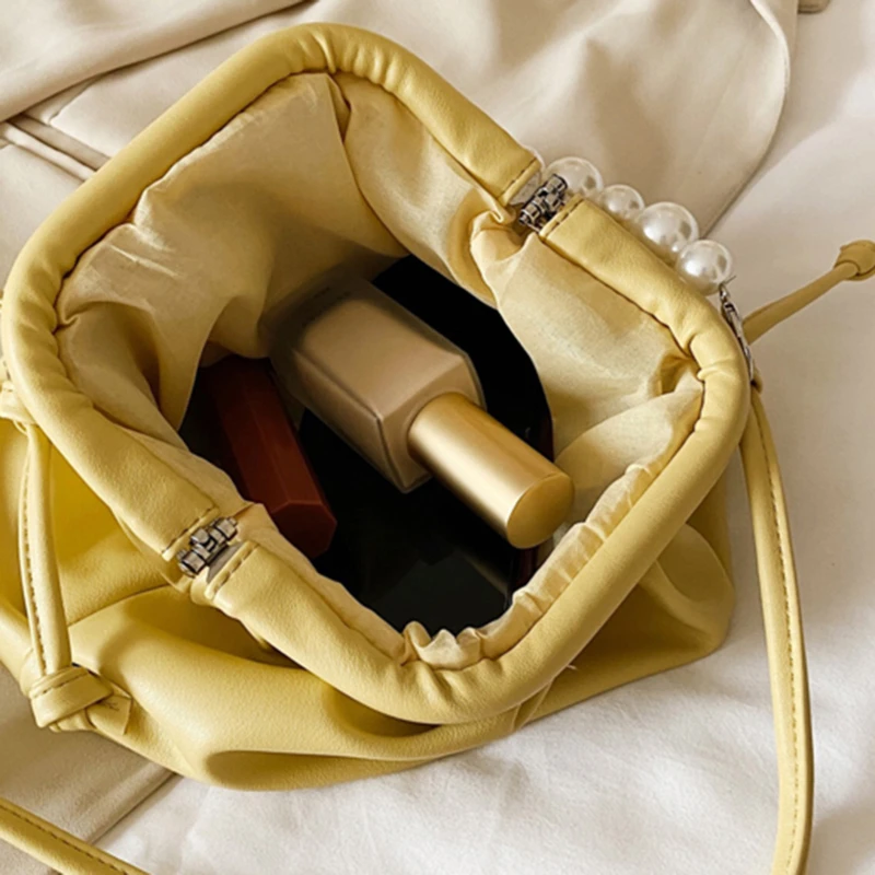 

Women Crossbody Bags Pearl Portable Shoulder Bag White Fold Small Bag Shoulder Bag PU Leather Drawstring Handbag