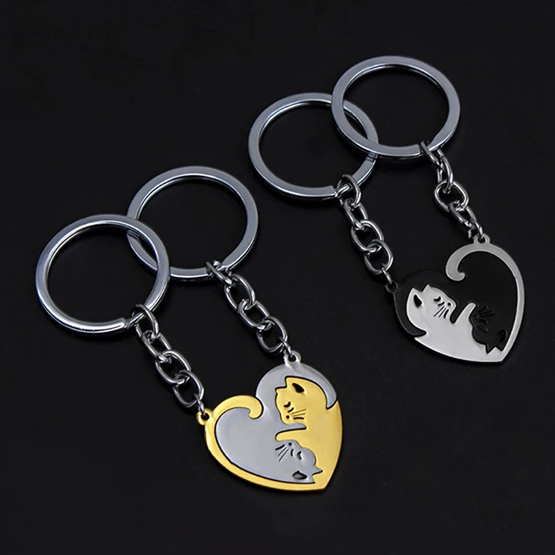 2Pcs/Set His Hers Matching Puzzle Yin Yang Cat Couples Keychains Stainless Steel Heart Key Ring BFF Couple Chain Jewelry - купить по