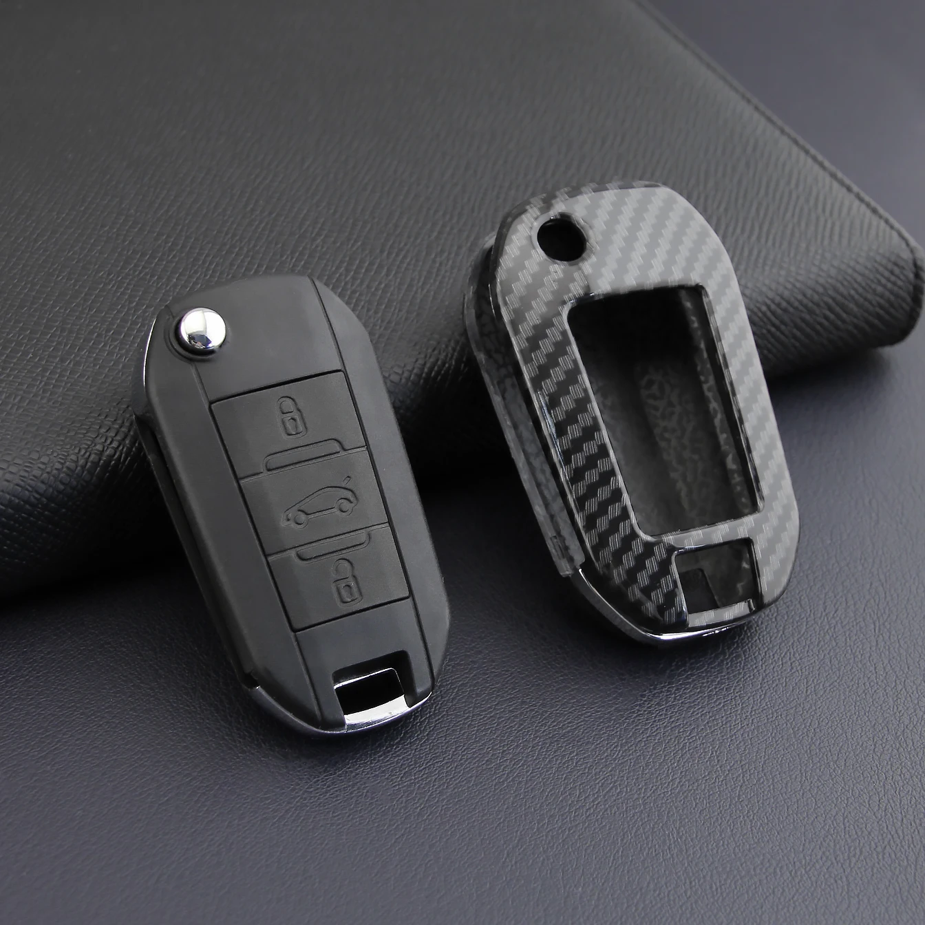 

Carbon Fiber Flip Key Cover Fob Case Chain For Peugeot 208 301 308 508 2008 3008 Citroen C3 C5 Aircross C4 Cactus C-Elysee