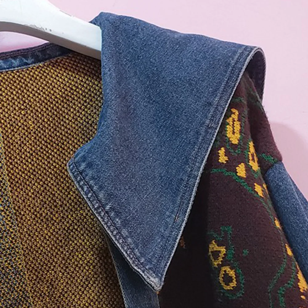 

Denim Jackets Women 2020 Loose Floral Color Block Long Sleeves Button Lapel Neck Fashion Casual Autumn Outwear Jacket