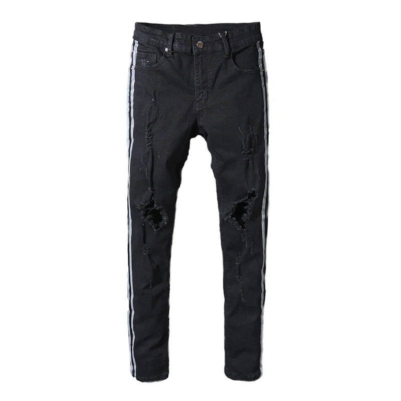

New men's male trousers Street fashion brand summer new style black slim denim pants knife cut holes beggar hairdresse pants
