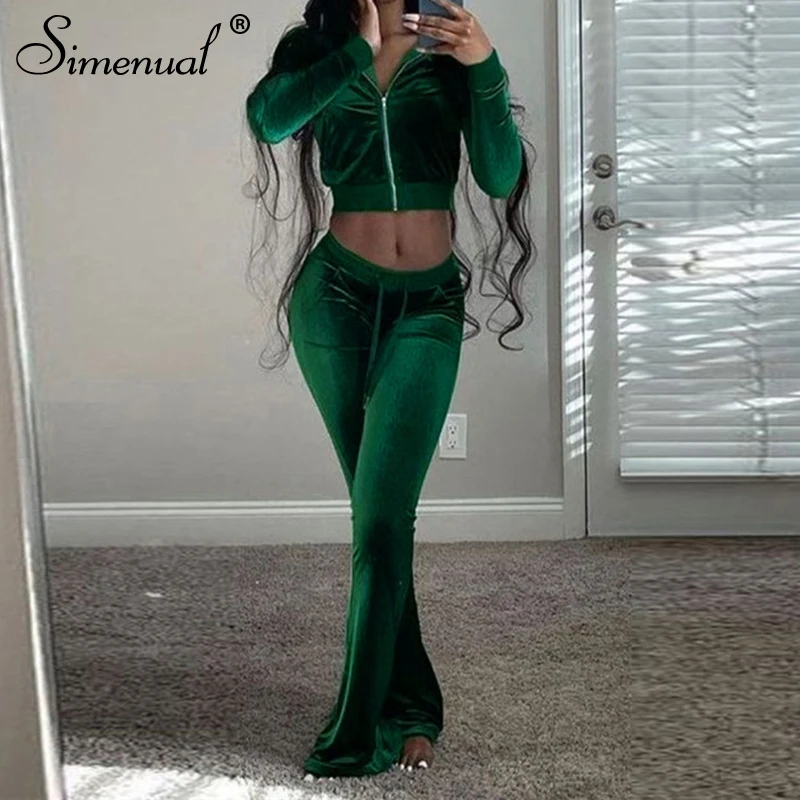 

Simenual Velour Zipper Top And Boot Cut Pants 2 Piece Sets Loungewear Casual Bodycon Pure Color Co-ord Outfits Fashion Workout