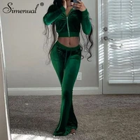 simenual velour zipper top and boot cut pants 2 piece sets loungewear casual bodycon pure color co ord outfits fashion workout