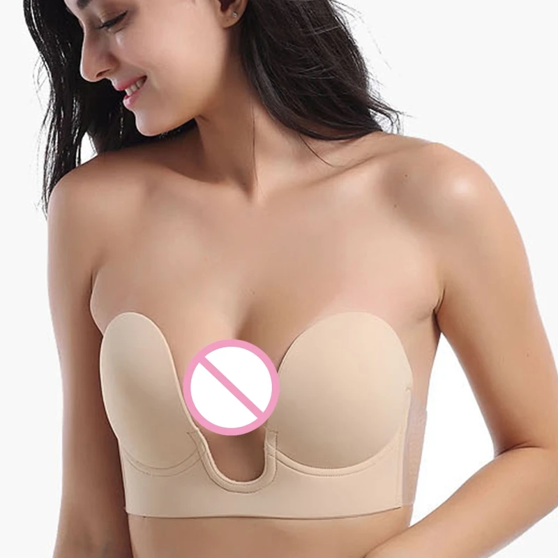 

Женский Невидимый силиконовый липкий бюстгальтер без бретелек с эффектом пуш-ап и глубоким U-образным вырезом